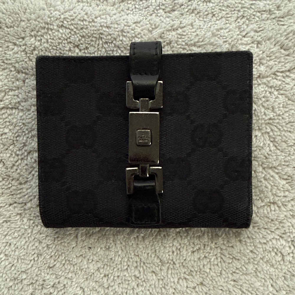 Gucci Black GG Canvas and Leather Jackie Compact Wallet.